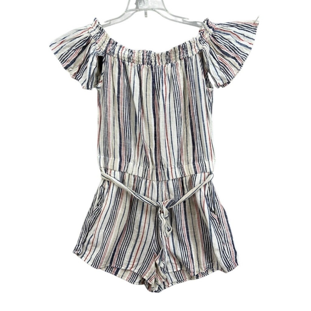 LOFT Beach Romper Sz S Off Shoulder Striped Romper Shorts Belted Pockets Costal